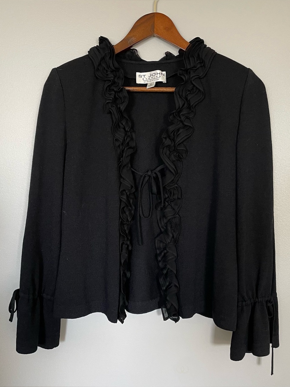 St. John Evening Black Cardigan Sweater Jacket Chiffon Ruffles sz 2